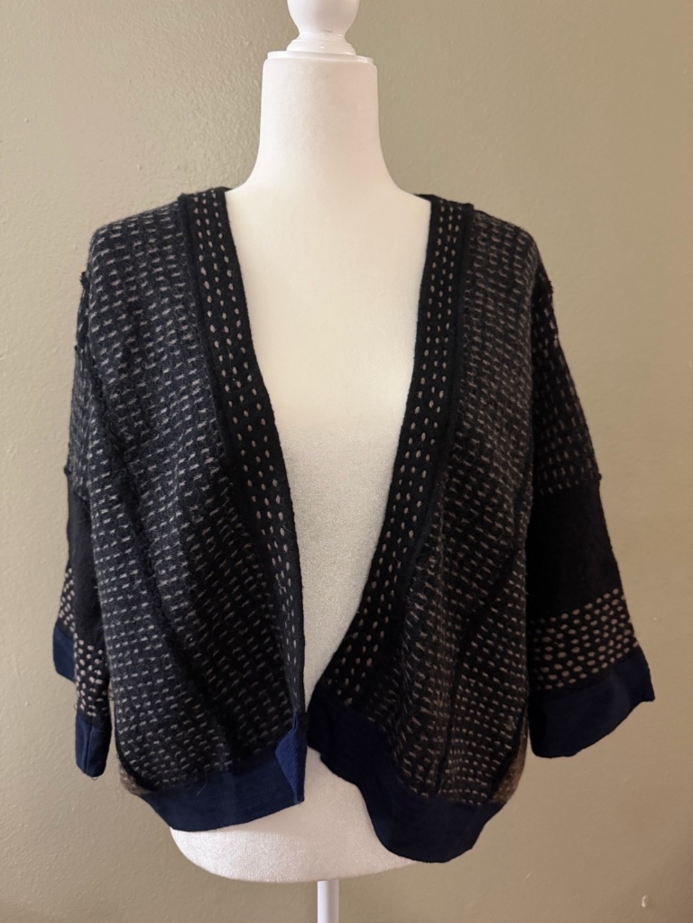 Moth Anthropologie Patchwork Knit Cardigan Black Brown Open Front Size Large